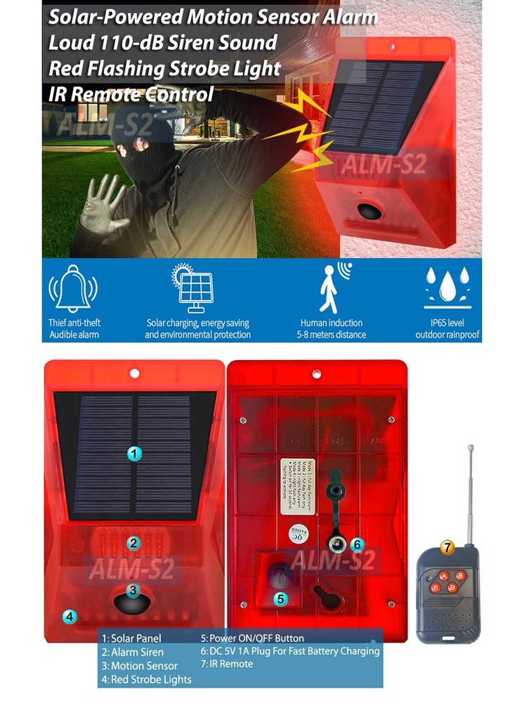 Solar Home Security Alarm 110dB Siren Red Strobe Light Motion Sensor IR Remote