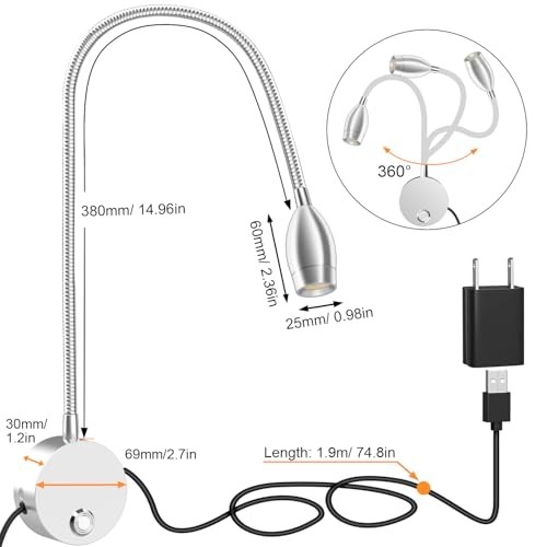 Wall Mounted LED Reading Light with 360° 15" Bedside reading light Silver 1pack