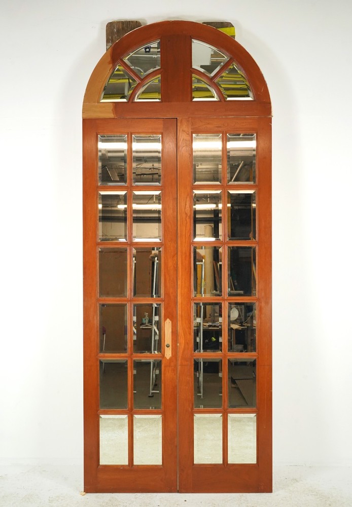 Twelve Mirrored Panels Wood Double Doors & Arched Transom