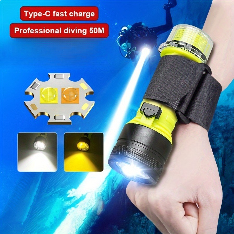 White/Yellow Light Diving Flashlight Scuba Underwater 100M Rechargeable Lantern