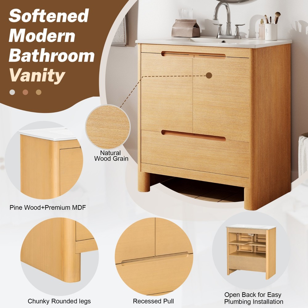30" Bathroom Vanity with Ceramic Sink Bathroom Cainet with Adjustable Shelf