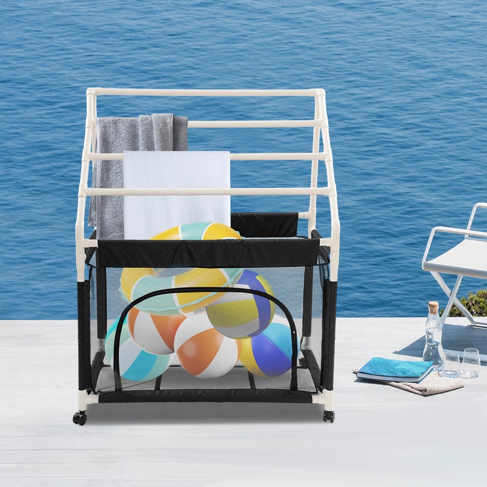 Rolling Pool Storage Organizer Bin, Mesh Organizer for Swimming Equipment