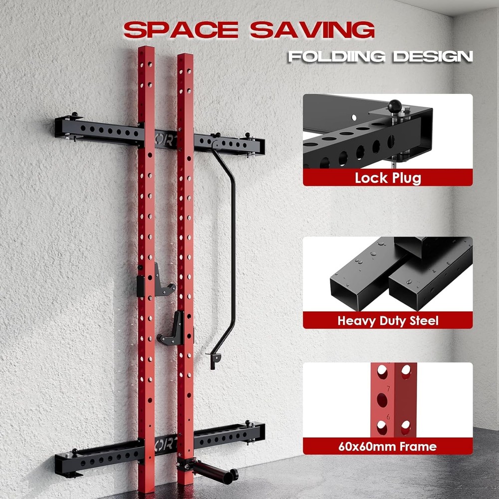 Wall Mounted Folding Power Cage Squat Rack for Home Gym Bench Pull Up Training