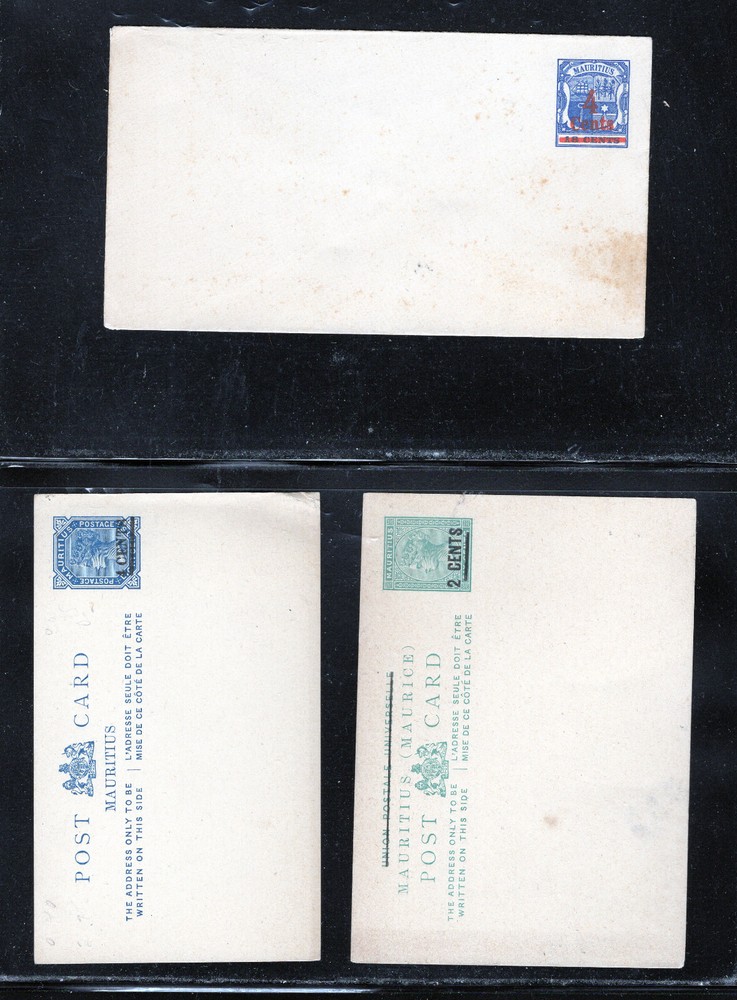 Mauritius  2 postal cards, one envelope   all revalued   unused