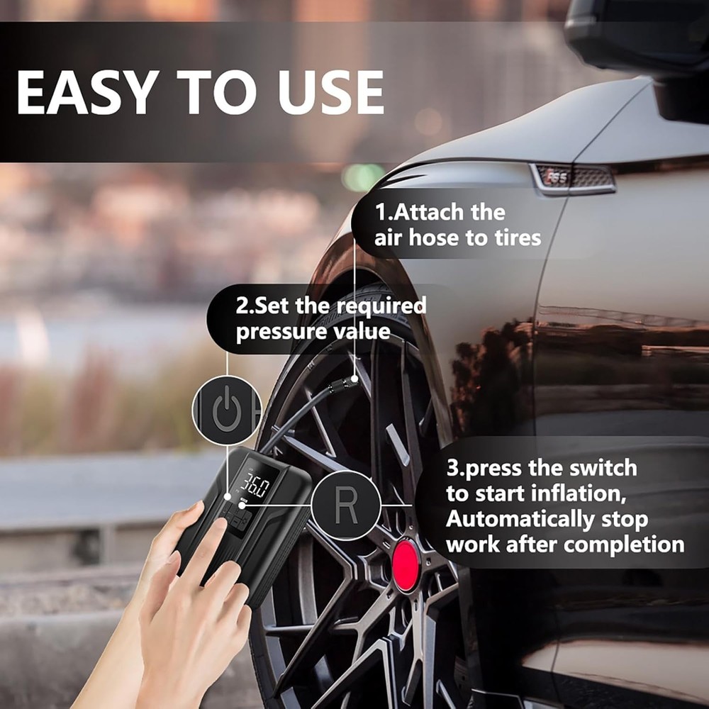 Digital Tire Pump - 5000mAh Battery Inflator with Auto Operation & LED Light