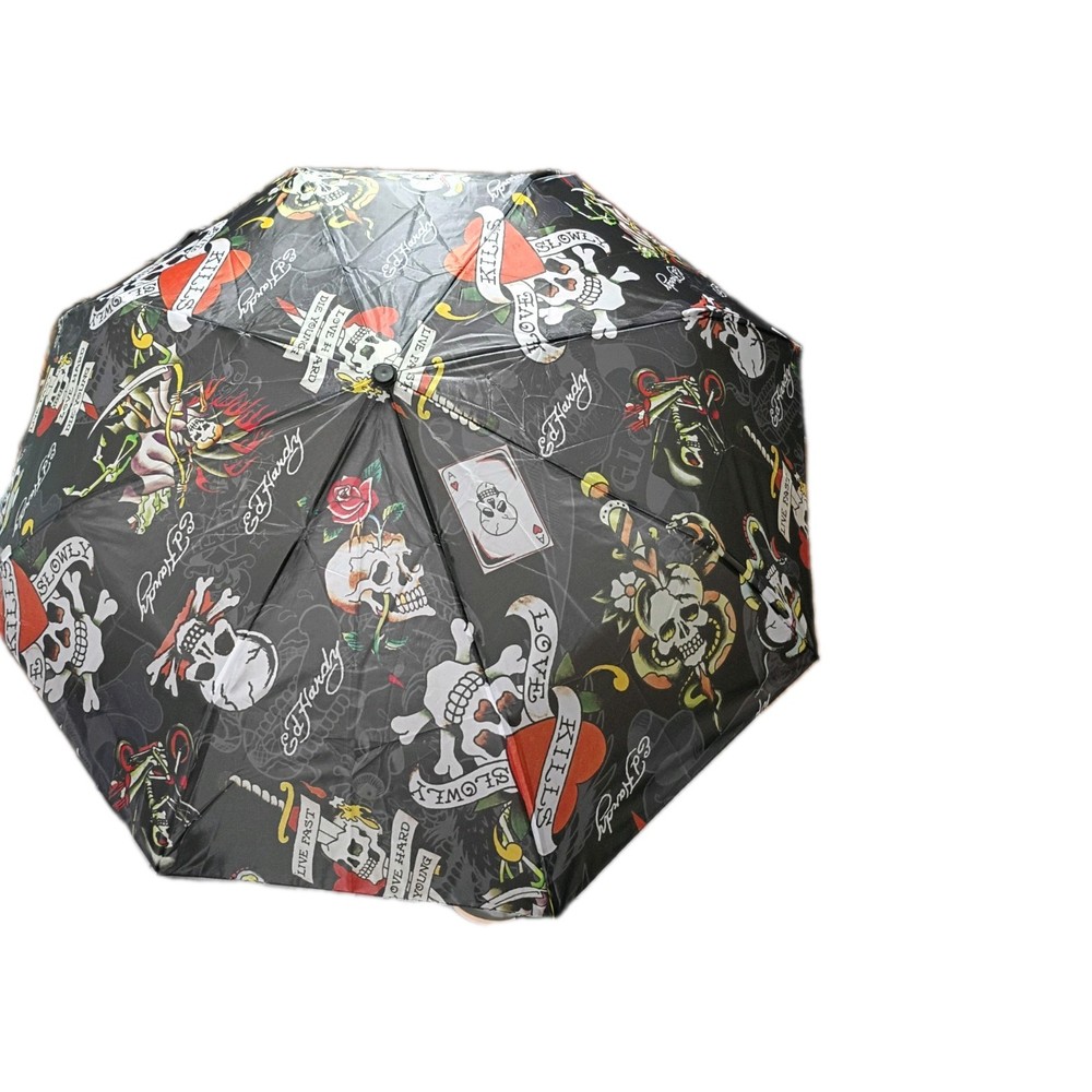 Ed Hardy Compact Umbrella Love Kills Auto Open Close Rubber Handle