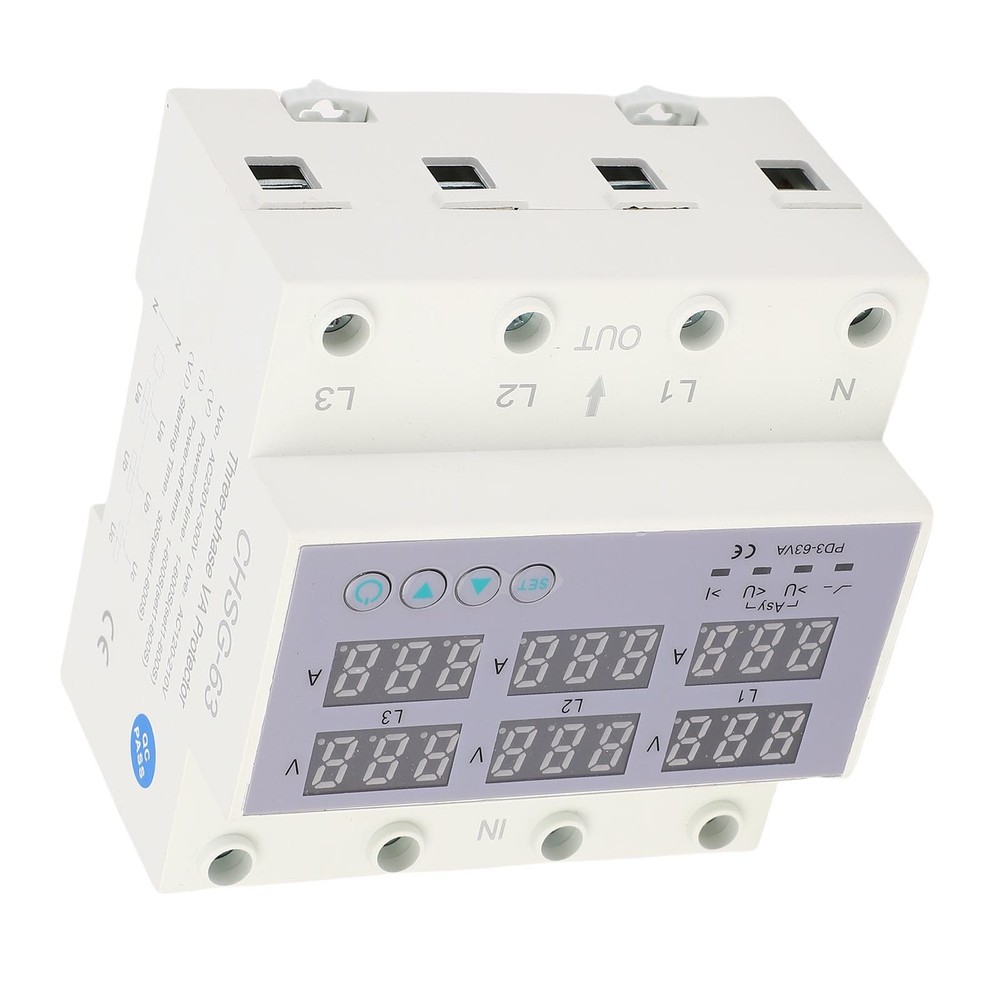 63A 3 Phase DIN Rail Voltmeter Ammeter Auto Overvoltage Overcurrent Protector AC