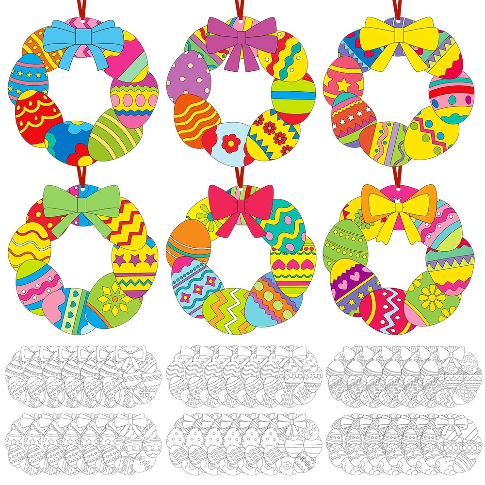 24 Sets Easter Wreath Craft Kits DIY Spring Easter Egg Coloring Paper Wreath ...