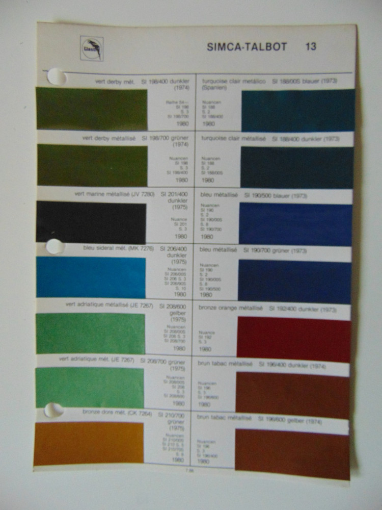 Original Glasurit Simca-Talbot Paint Chips Sheet - 1980