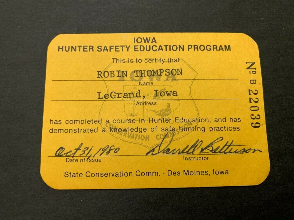 1980 Iowa Hunter Safety Education Program Card