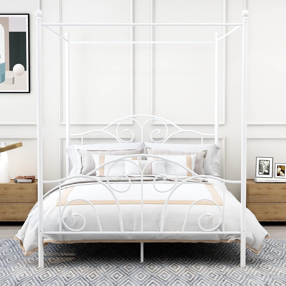 Modern Metal Canopy Bed Frame/Full Size/Headboard/Strong Steel Slat Support
