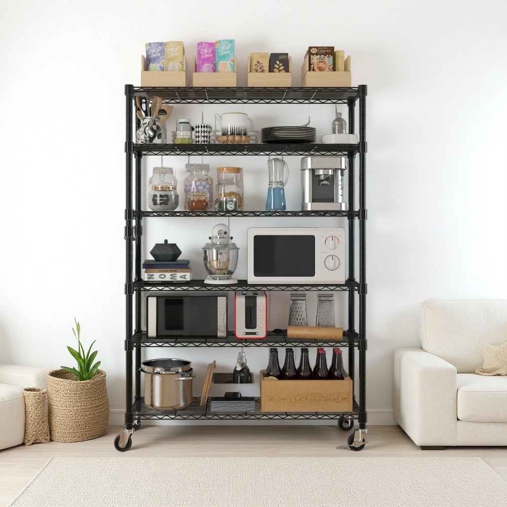 6-Tier Rolling Wire Shelving Unit - Heavy Duty, Adjustable, Hooks & Black