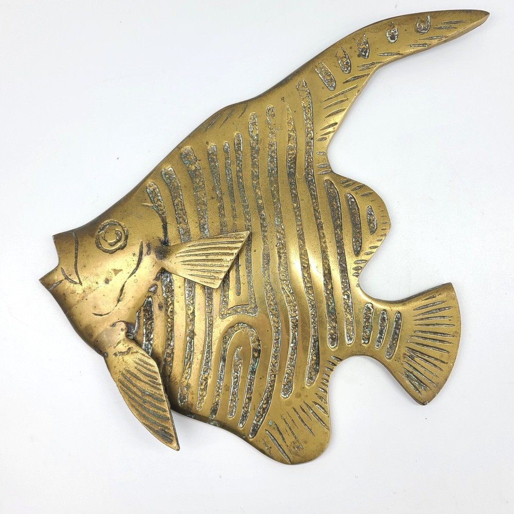 Mid-Century Solid Brass Angelfish Wall Plaque Decor Set