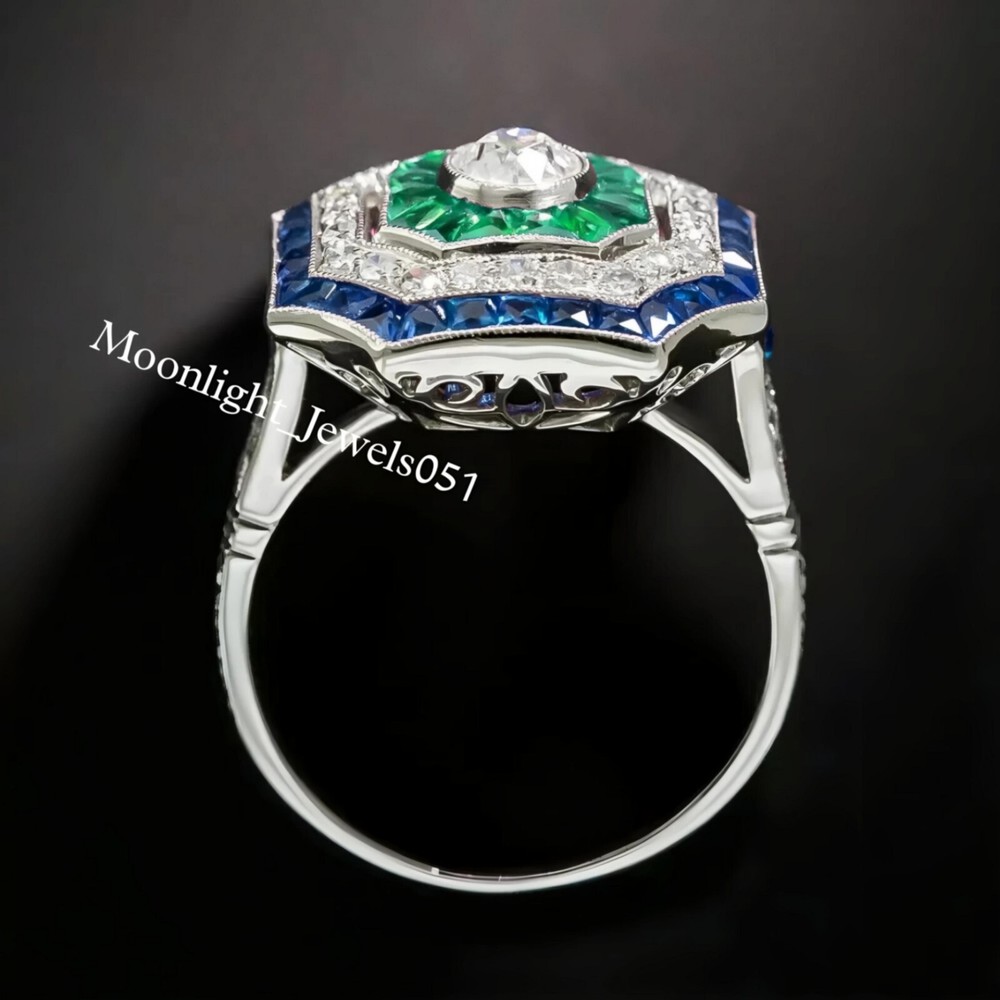 Art Deco Round Lab Created Diamond Emerald & Sapphire 925 Silver Engagement Ring