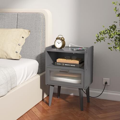 Nightstand with Charging Station, Bedside Tables Grey End Table Side Table