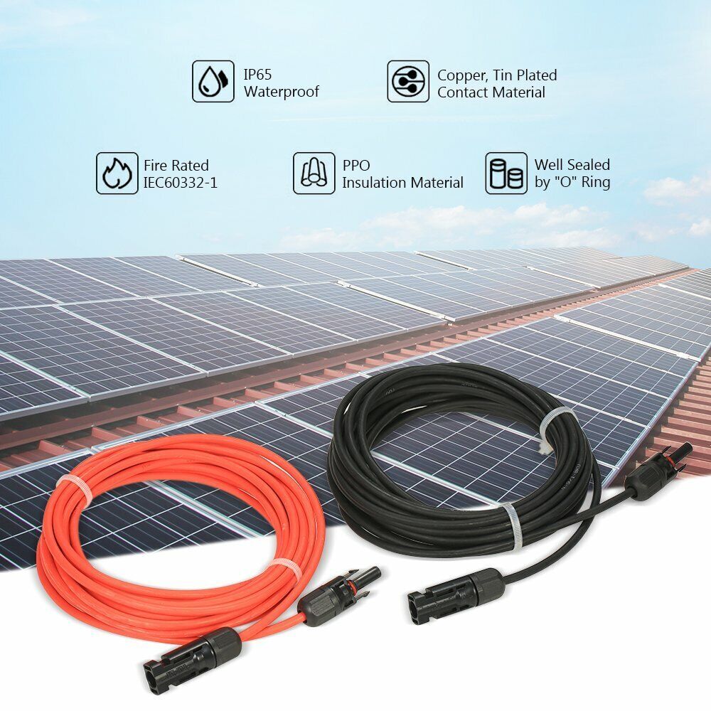 10 AWG MC4 Extension Cable PV Wire Solar Panel Connector Pair Black + Red 6mm²