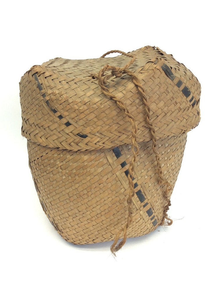 Wicker Woven Black Stripe Early Zigzag Pattern Basket Decorative Old