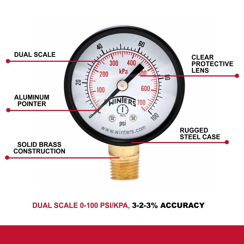 Winters 2 inch Dial Size, Multi Function Economy Utility Dry Pressure Gauge, ...