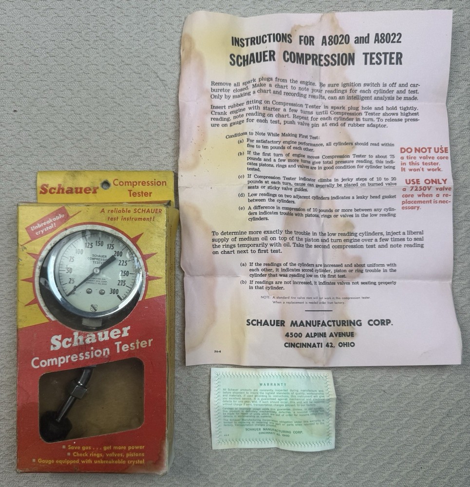 Vintage Schauer Compression Tester Untested, Original Box And Paperwork