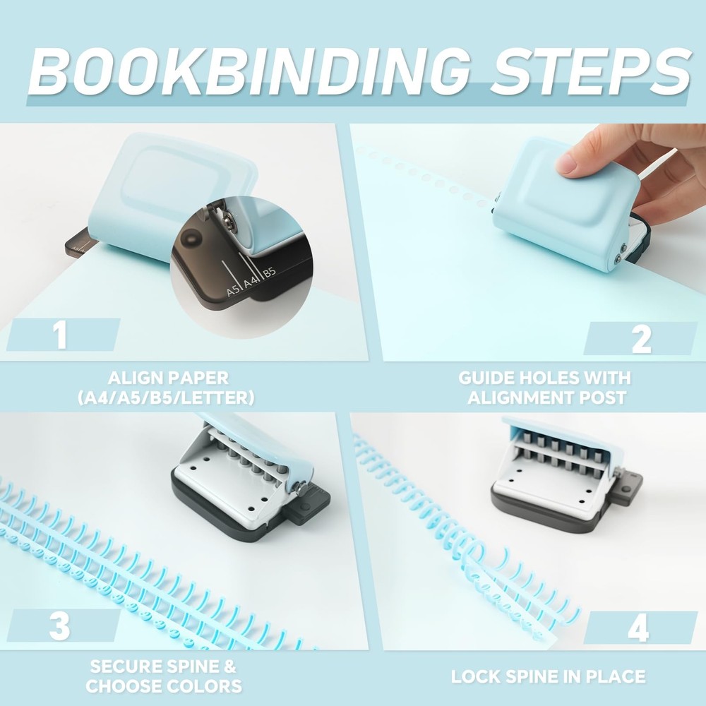 Spiral Binding Machine-Mini 6 Hole Puncher, DIY Creative Book Binder Blue