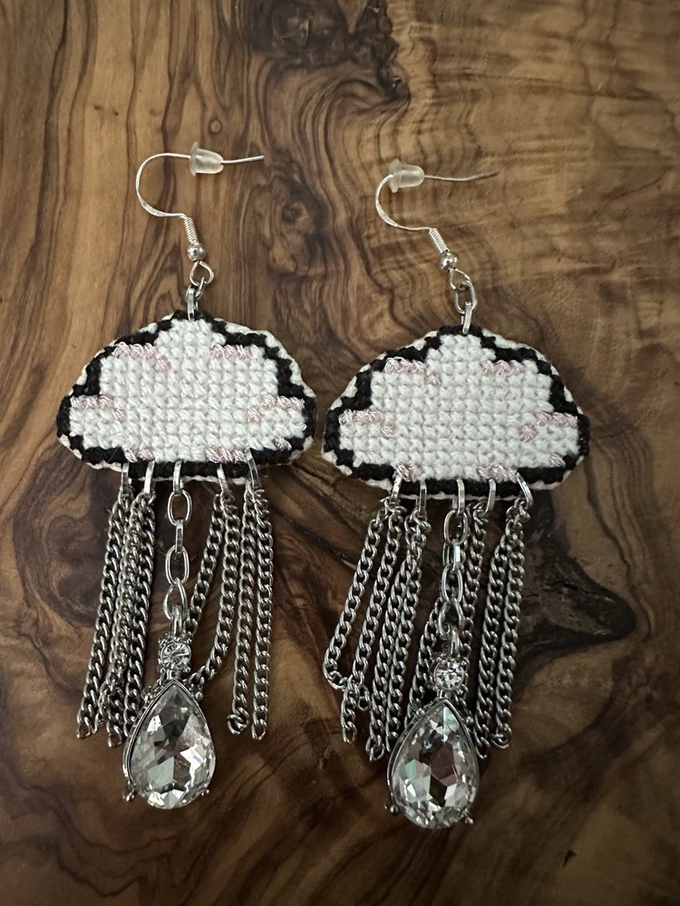Embroidered Rain Cloud Chain & Teardrop Crystal Dangle Drop Hook Earrings