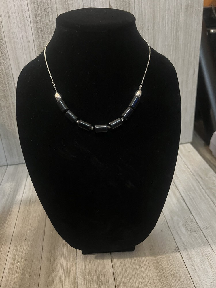 Vintage Black Beads & Silver Tone Necklace