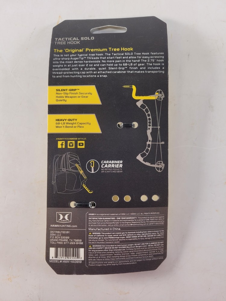 Hawk Tactical Solo Tree Hook Ultra-Sharp AugerTip Threads Holds Upto 60lb HA3010