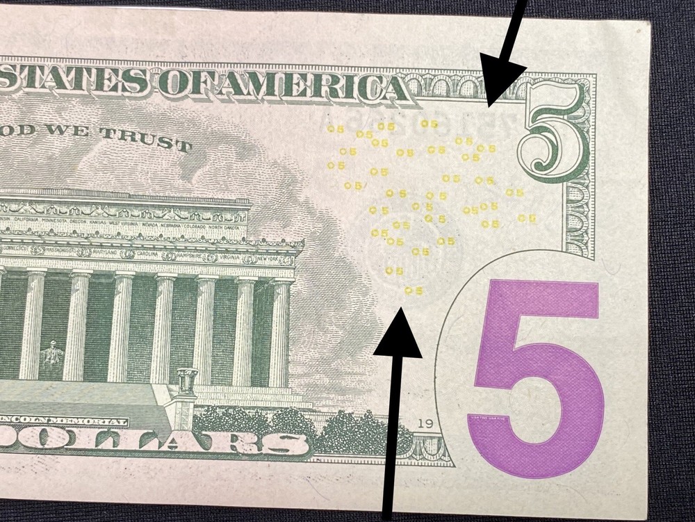 2017A $5 Bill Ink Error SeeThrough Reverse Of Note on serial number