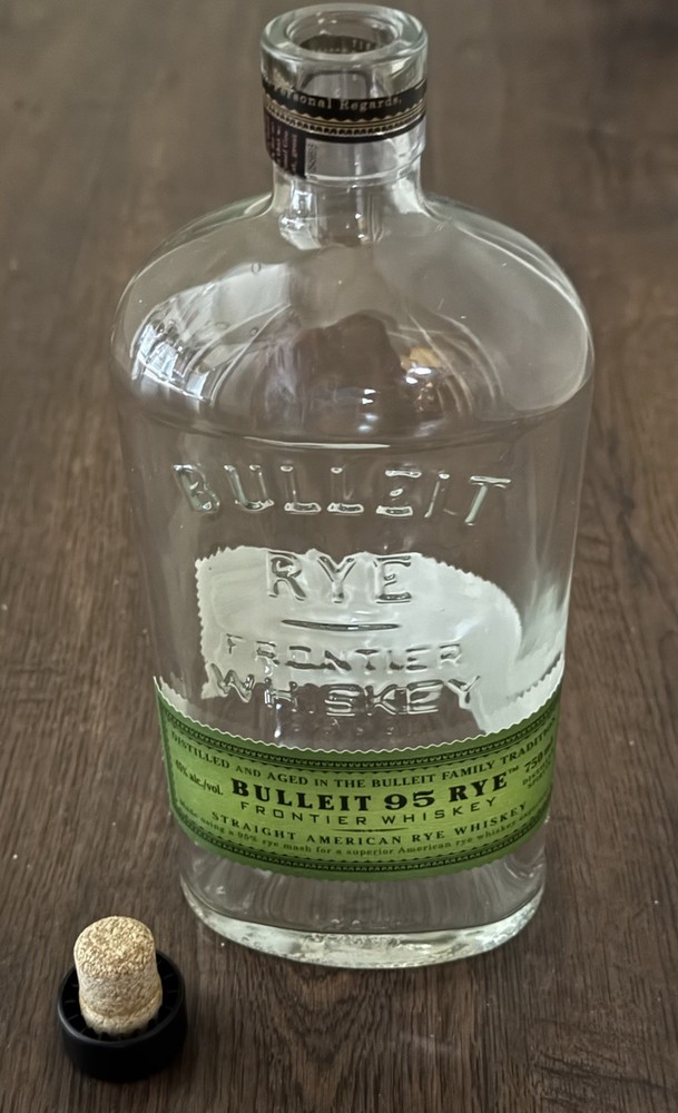 Empty Clear Glass 750ml Bulleit Rye Frontier Whiskey Bottle W/cap
