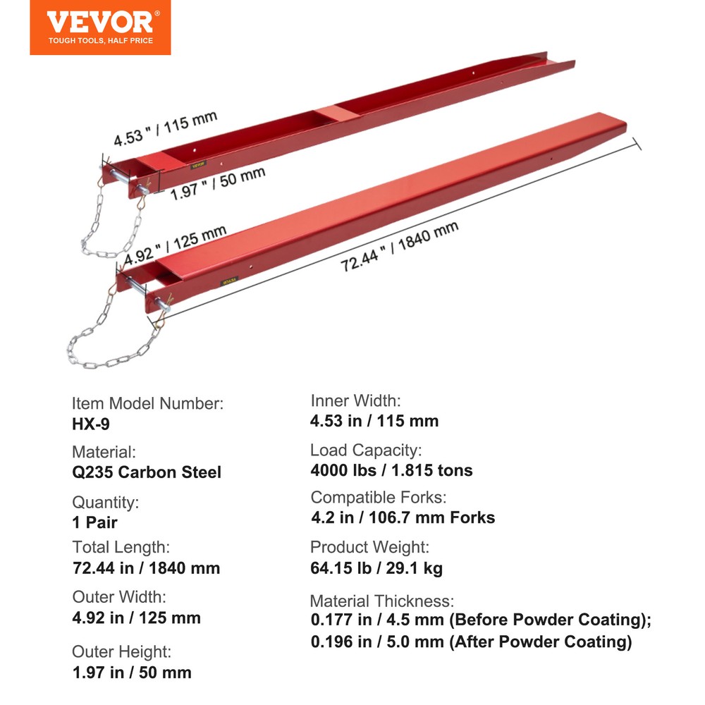 VEVOR Pallet Fork Extensions Forklift Extensions 72" x 4.5" Heavy Duty with Pins