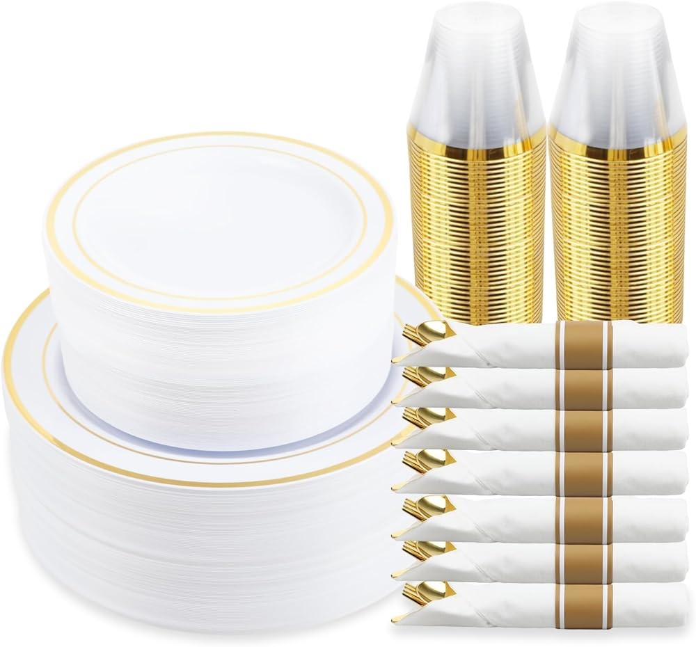 350 Piece Gold Dinnerware Set, 100 Plastic Plates, 50 Cups, 50