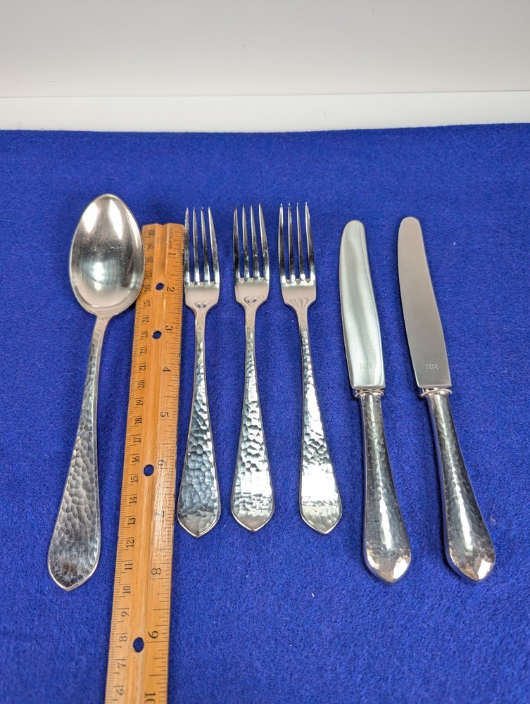 R.U.B. Germany 90 Mixed Lot (6) SilverPlated Flatware Hammered Pattern Vtg 1960s