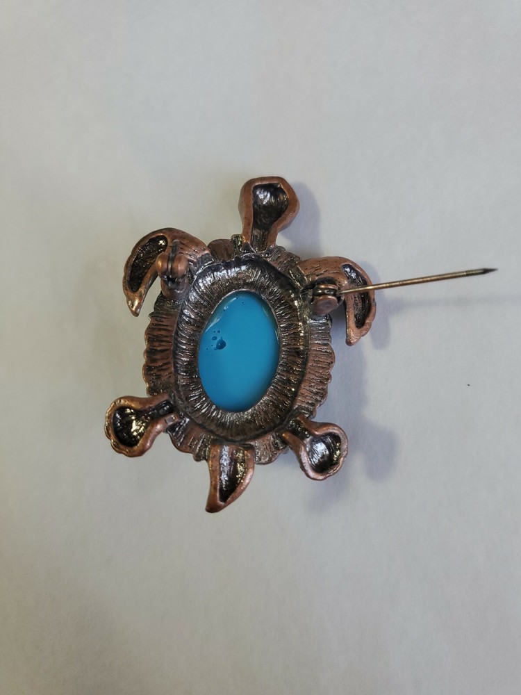 Turtle Brooch Lapel Pin Copper Color Body Blue Hard Plastic Shell