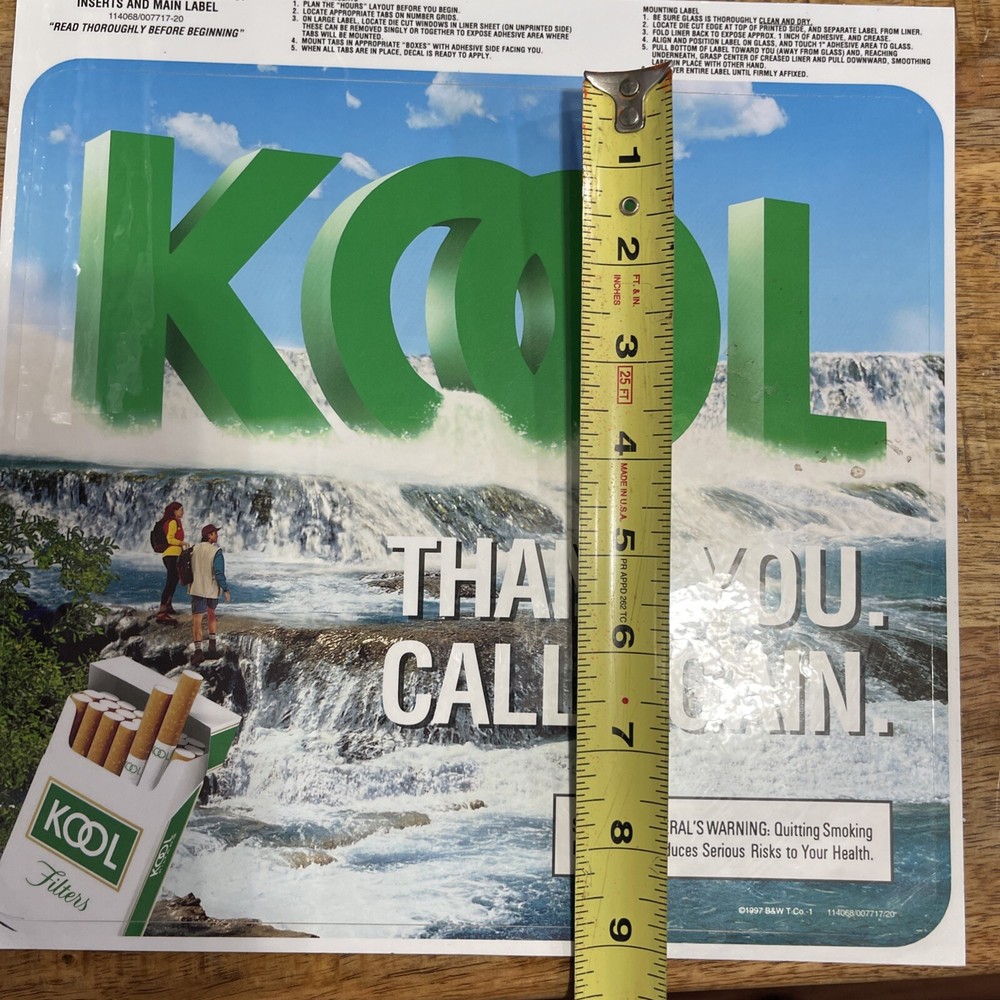 Kool Cigarettes Store Hours Window Decal 1997 New / Never Used