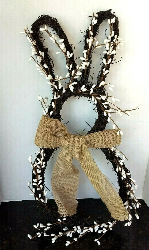 Easter Bunny Grapevine w/ Pastel White Floral Spring Wall Hanging Decor NWTs