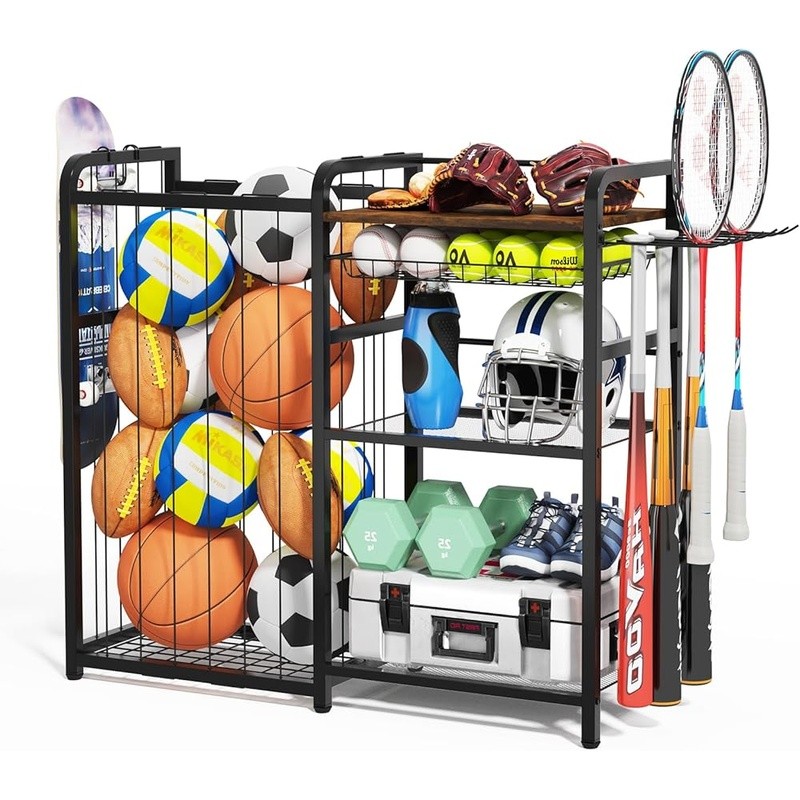 Garage Sports Ball Storage Rack W/ Pull-out Basket & Multi-Function Hooks New