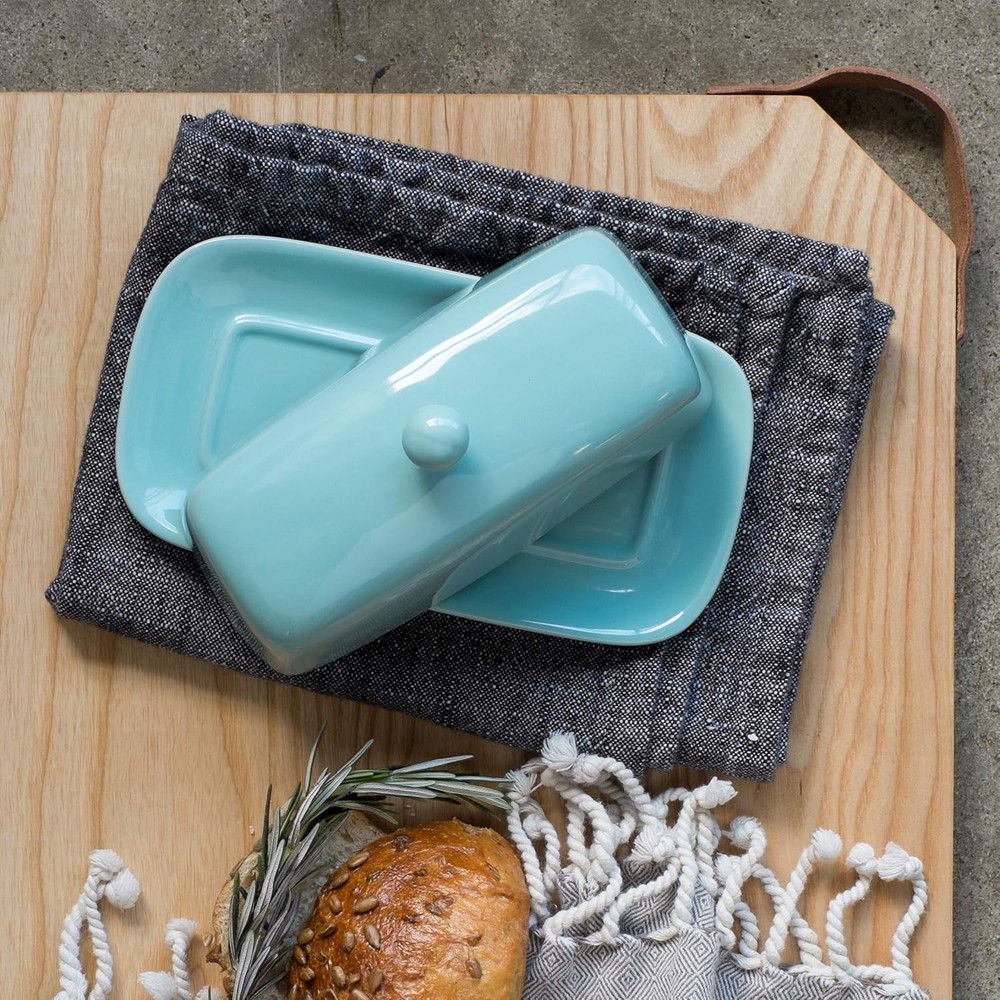 Now Designs Stoneware Rectangle Butter Dish with Lid Eggshell, Eggshell Blue