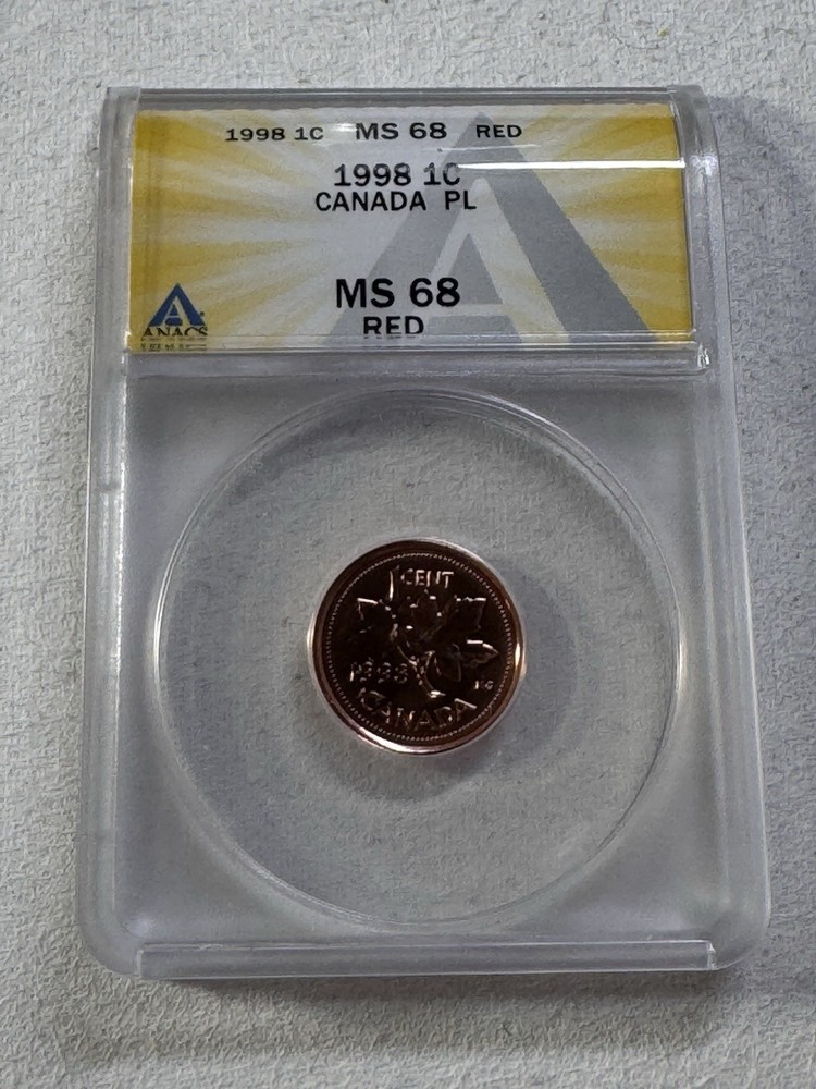 1998 Canada 1 Cent Proof Like Graded MS 68 RD by ANACS