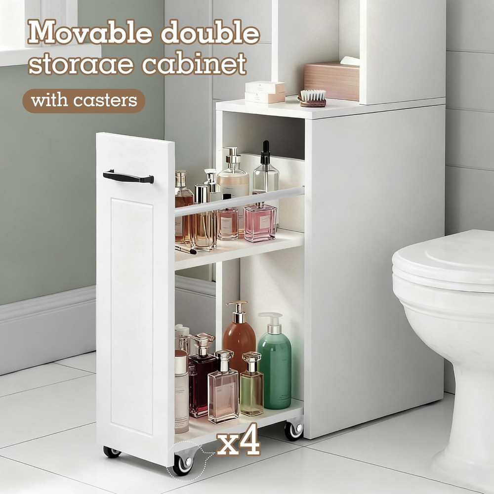 Mobile Extendable Toilet Storage Cabinet with Sliding Doors & Adjustable Shelves