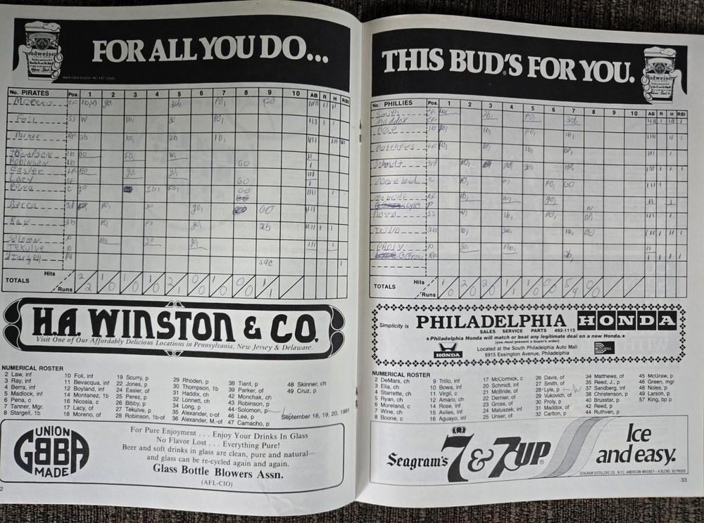 1981 MLB Philadelphia Phillies Program Bake McBride Cover 9/20/1981