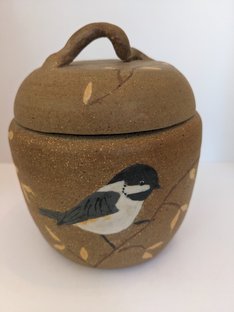 Handmade Pottery Jar Bird & Branches Pattern Handle Lid Matte Clay Brown