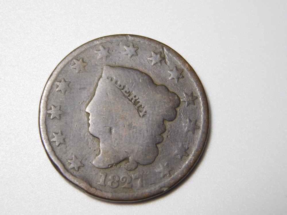 OLD US COPPER COINS 1827 CORONET HEAD LARGE CENT