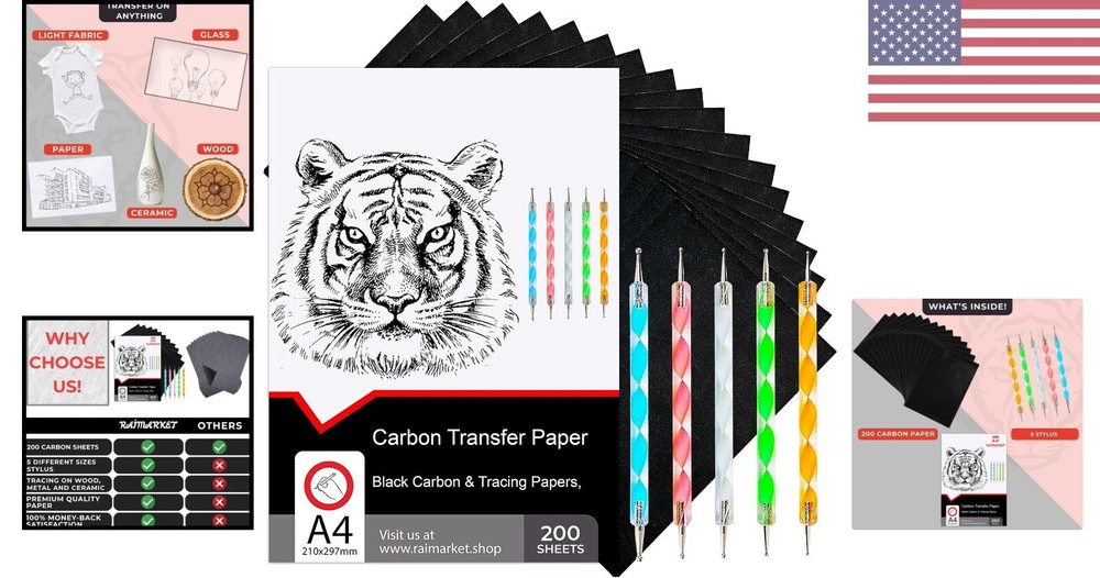 Carbon Paper - 200 Sheets - Tracing On Fabric, Wood & Canvas - Multi-Surface