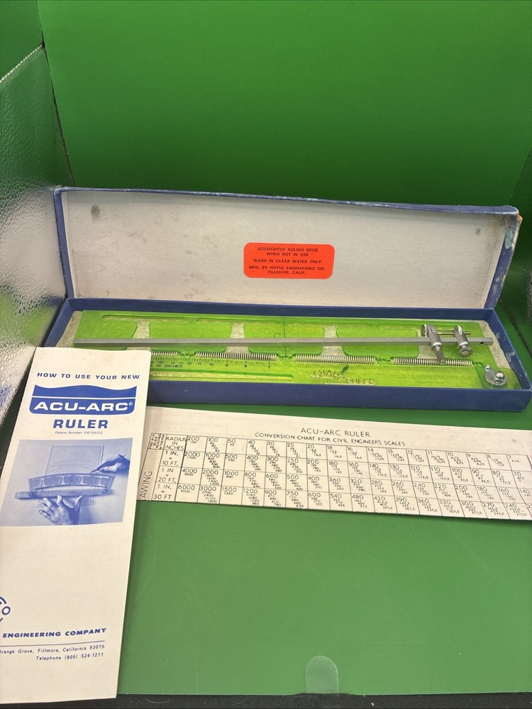 Vtg ACU-ARC Adjustable Radius Ruler Instructions Literature Chart Original Box
