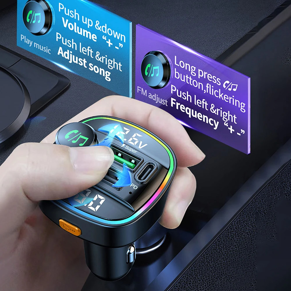 Bluetooth 5.0 Car Wireless FM Transmitter Adapter USB PD Charger AUX Hands Free