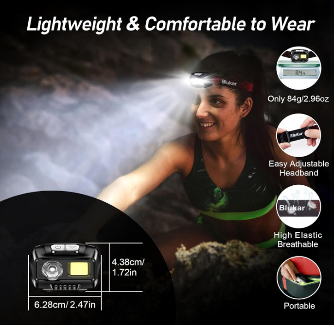 Linterna frontal LED recargable 2000 lúmenes con sensor, IPX5, pack 2