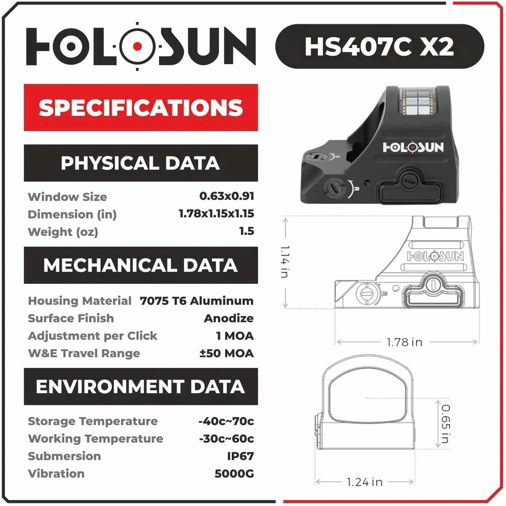 Holosun HS407C X2 2 MOA Red Dot Open Reflex Sight