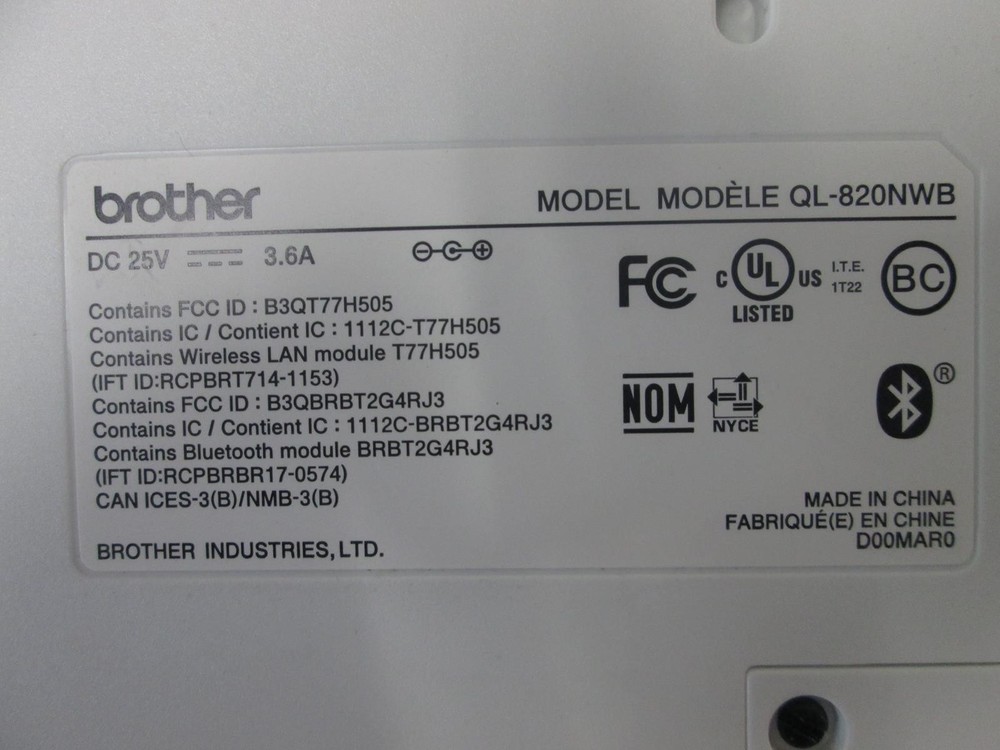 BROTHER QL-820NWB Thermal Barcode/Label Printer No AC Adaptor