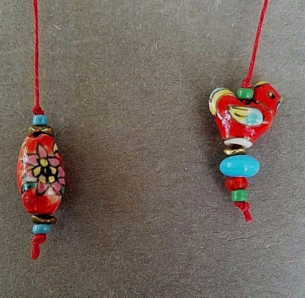 HANDMADE BEADED BOOKMARK ~ RED CERAMIC CHICKEN