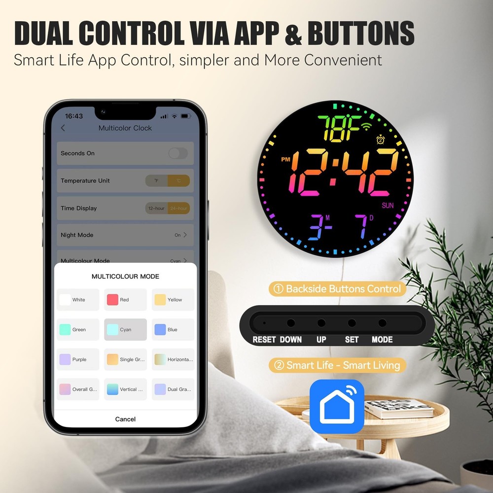 Kasbin 12” Digital Wall Clock with App Control, Large LED, WiFi Sync, Date